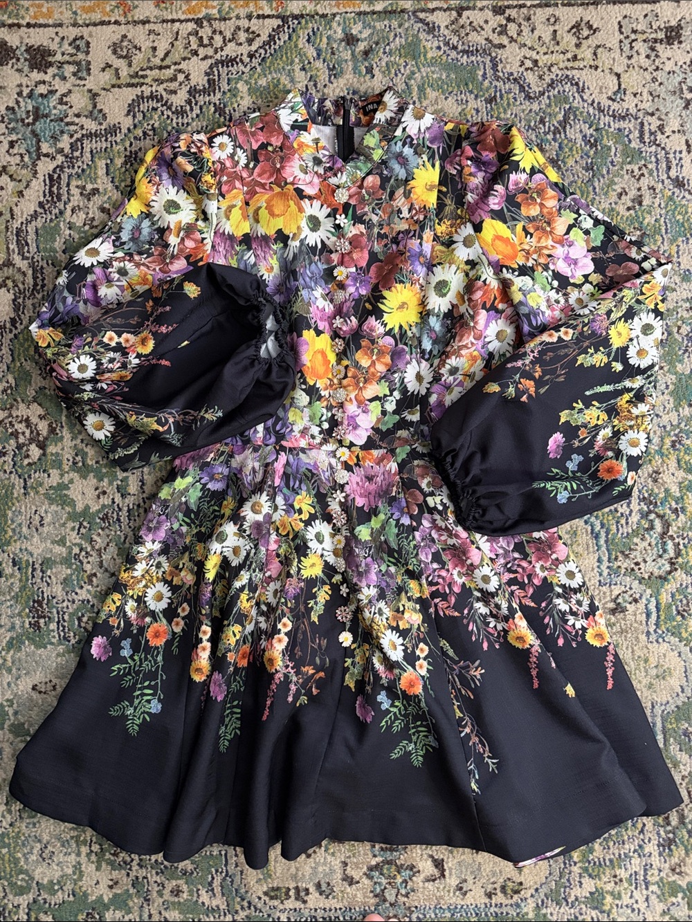 Ina Multicolor Floral Print Dress - Black Base with Orange & Purple Accents